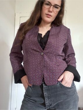 Tristan Purple Patterned Cute Cropped Blazer Tuxedo Style